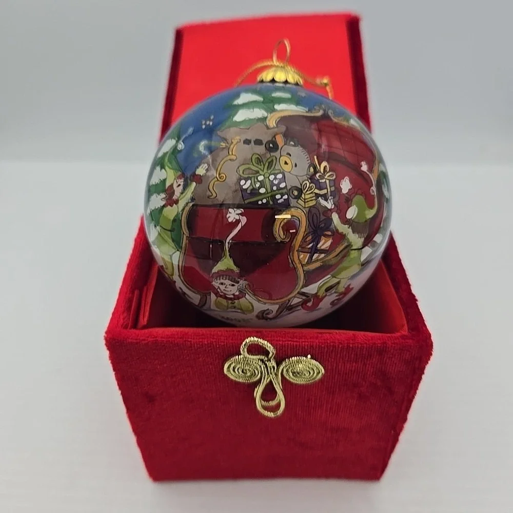 2005 PIER 1 IMPORTS LI BIEN ELVES & SLEIGH CHRISTMAS ORNAMENT GLASS‎ BOXED 4